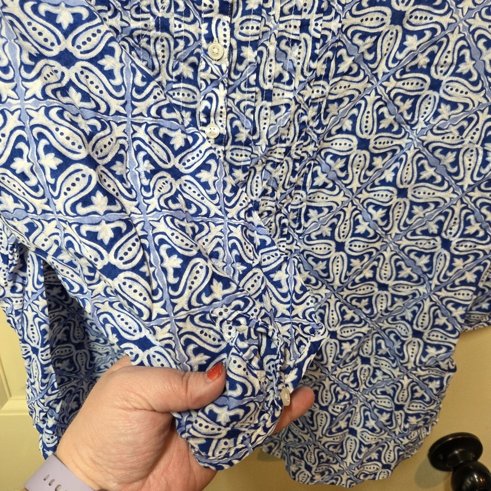 SOLD  Talbots Woman Medium Tunic Blouse Blue 3/4 Sleeve Button Front Boho Cotton - Picture 3 of 16